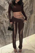Brown Sexy Solid Color Cross Straps O Neck Long Sleeve Two Pieces