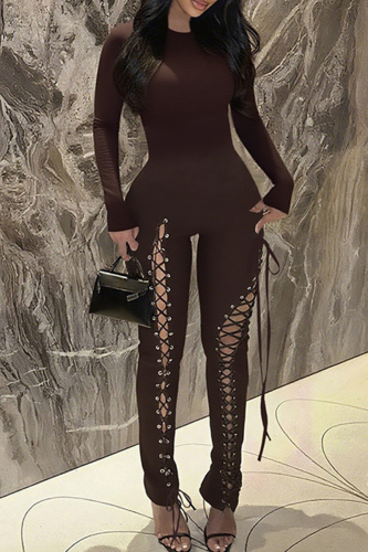 Brown Sexy Solid Color Cross Straps O Neck Skinny Jumpsuits