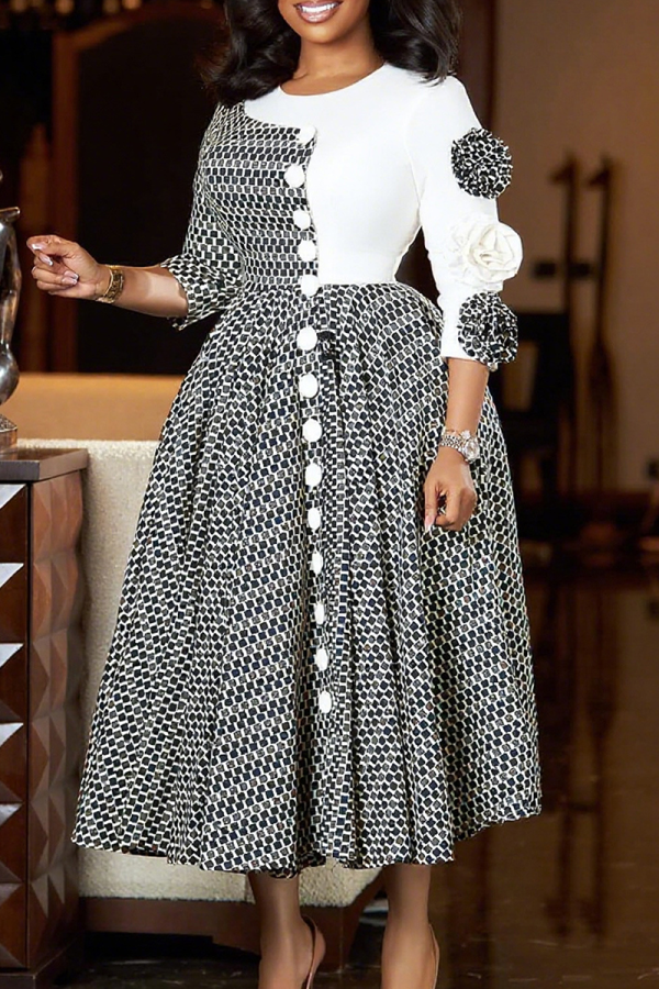White Elegant Plaid Contrast Flower Shape O Neck Long Dresses