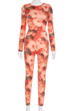 Red Casual Print O Neck Long Sleeve Two Pieces