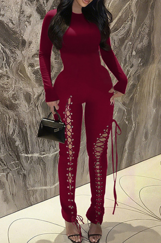 Burgundy Sexy Solid Color Cross Straps O Neck Skinny Jumpsuits