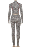 Leopard Print Casual Leopard Print Zipper Turndown Collar Long Sleeve Two Pieces