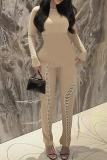 Khaki Sexy Solid Color Cross Straps O Neck Skinny Jumpsuits