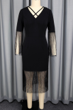 Black Elegant Solid Color Fringed Trim V Neck Long Dresses