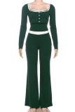 Green Casual Solid Color Contrast U Neck Long Sleeve Three Pieces