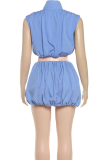Blue Sexy Solid Color Strap Design Mandarin Collar Sleeveless Two Pieces