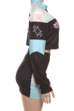 Light Blue Sexy Print Buckle Turndown Collar Long Sleeve Two Pieces