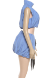 Blue Sexy Solid Color Strap Design Mandarin Collar Sleeveless Two Pieces