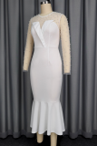 White Elegant Solid Color Beading O Neck Evening Dresses