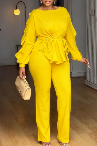 Yellow Casual Solid Color Draw String O Neck Long Sleeve Two Pieces
