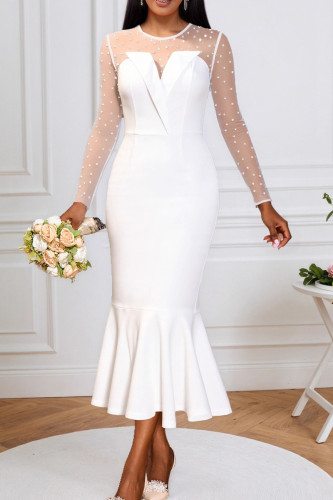 White Elegant Solid Color Beading O Neck Evening Dresses