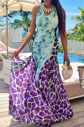 Green Purple Casual Print Contrast Spaghetti Strap Long Dresses