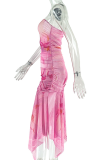 Pink Sexy Print Patchwork Strapless Irregular Dresses