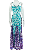 Green Purple Casual Print Contrast Spaghetti Strap Long Dresses