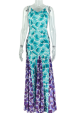 Green Purple Casual Print Contrast Spaghetti Strap Long Dresses