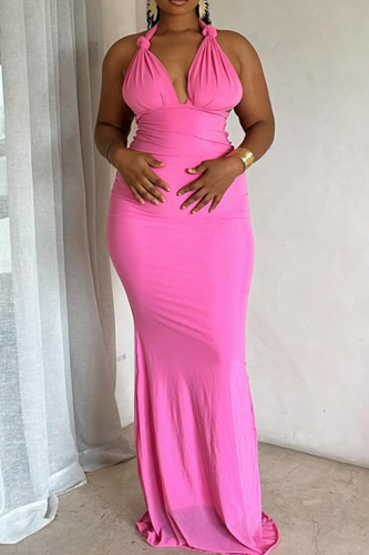 Pink Sexy Solid Color Backless Halter Long Dresses