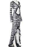 Black Sexy Stripe Hollow Out Slit V Neck Long Dresses