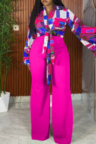 Rose Red Casual Print V Neck Plus Size Two Pieces
