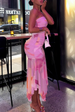 Pink Sexy Print Patchwork Strapless Irregular Dresses