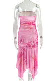 Pink Sexy Print Patchwork Strapless Irregular Dresses