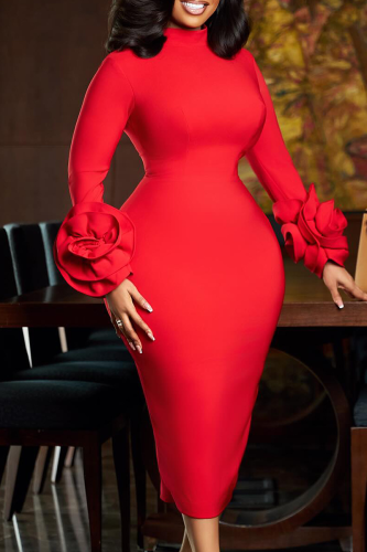 Red Elegant Solid Color Flower Shape O Neck Wrapped Skirt Dresses