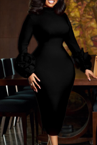 Black Elegant Solid Color Flower Shape O Neck Wrapped Skirt Dresses