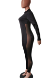 Black Sexy Solid Color Mesh O Neck Skinny Jumpsuits