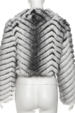 Grey Elegant Stripe Zipper Turndown Collar Outerwear