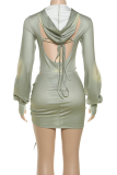 Green Sexy Solid Color Cross Straps Hooded Long Sleeve Two Pieces