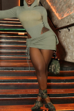 Green Sexy Solid Color Cross Straps Hooded Long Sleeve Two Pieces