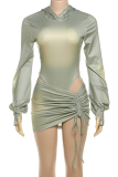 Green Sexy Solid Color Cross Straps Hooded Long Sleeve Two Pieces