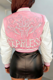 Black Casual Letters Buckle O Neck Outerwear