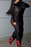 Skin Color Sexy Solid Color See-Through O Neck Skinny Jumpsuits