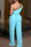 Blue Casual Solid Color Strap Design Oblique Collar Sleeveless Two Pieces