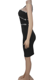 Black Sexy Solid Color Hot Drill V Neck Wrapped Skirt Dresses