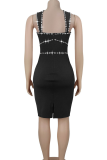 Black Sexy Solid Color Hot Drill V Neck Wrapped Skirt Dresses