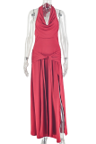 Red Sexy Solid Color Slit V Neck Long Dresses
