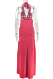 Red Sexy Solid Color Slit V Neck Long Dresses