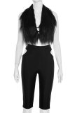 Black Sexy Solid Color Hollow Out Deep V Neck Sleeveless Two Pieces