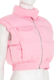 Pink Casual Solid Color Zipper Mandarin Collar Outerwear