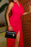 Red Sexy Solid Color Slit V Neck Long Dresses
