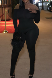 Black Sexy Solid Color Fluffy Off Shoulder Skinny Jumpsuits
