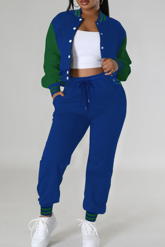 Blue Casual Stripe Contrast O Neck Long Sleeve Two Pieces