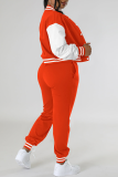 Tangerine Red Casual Stripe Contrast O Neck Long Sleeve Two Pieces