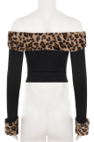 Black Casual Leopard Print Off Shoulder Long Sleeve Two Pieces