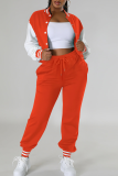 Tangerine Red Casual Stripe Contrast O Neck Long Sleeve Two Pieces