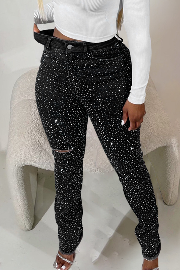 Black Casual Solid Color Ripped Hot Drill Mid Waist Skinny Denim Jeans