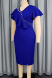 Blue Elegant Solid Color Slit Hot Drill V Neck Wrapped Skirt Dresses
