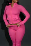 Rose Red Casual Solid Color Zipper Zipper Collar Long Sleeve Two Pieces