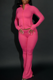 Rose Red Casual Solid Color Zipper Zipper Collar Long Sleeve Two Pieces